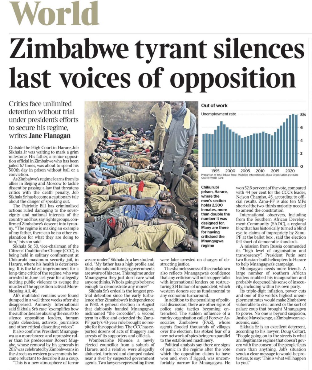 “Zimbabwe tyrant silences last voices of opposition,” reports The London Times @thetimes in an article looking at Zimbabwe and the Job Sikhala case written by the @thetimes Africa correspondent, Jane Flanagan @janeflan It is a chronicle of how Mnangagwa and ZANUPF now rule…