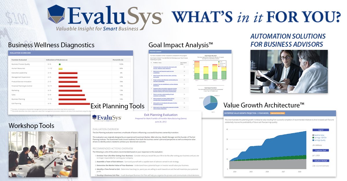 Could EvaluSys® business advisory solutions be especially valuable to YOU in your unique situation?  Take 5 minutes to find out using our quick, easy and anonymous "Quick Quiz - What's In EvaluSys for You?"

bit.ly/EsysQQTW

#BusinessAdvisor #ExitPlanning #Consulting