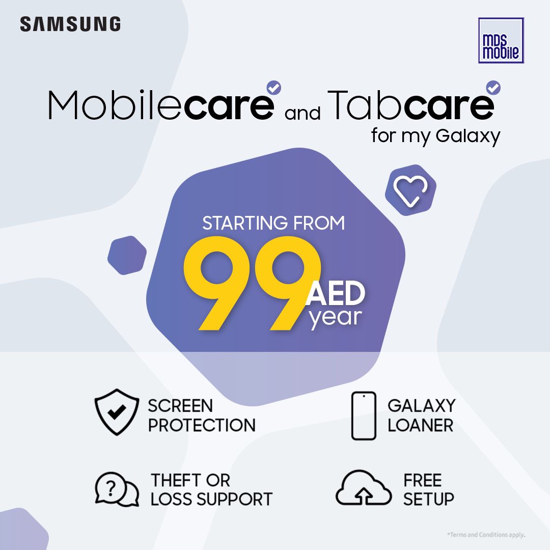 MDSSamsung's tweet image. Invest in premium security with our Mobile Care and Tab Care for your Samsung devices, for just 99 AED per year. Enjoy screen protection, Galaxy loaner, theft support and free setup. 📱🛠️

Visit our website: mdsmobile.ae

#GalaxyProtection #Mobilecare #Tabcare…