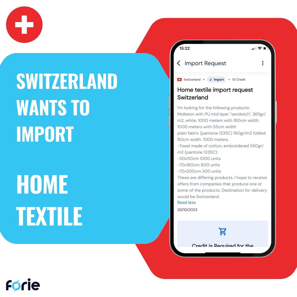 Foriecom's tweet photo. Home textile manufacturers, here's an exciting opportunity from Switzerland via Forie!

We've just received a detailed request for various home textile products, from Molleton with PU mid-layer to embroidered cotton towels.

🔗 Are you in the textile industry with the right products to meet this demand? Don't miss out on expanding your reach to the Swiss market. Connect with the buyer directly on Forie and offer your best!

https://t.co/OZRj63pmlT

#Export #Import #B2B #Forie #HomeTextile #Switzerland