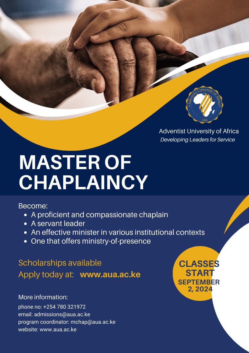 auauniversity's tweet image. Empower yourself to make a difference in people's lives. Take up the Master of Chaplaincy with us.  

Apply now at academics.aua.ac.ke/aua/

#Chaplaincy #adventistuniversityofafrica #compassion postgraduatestudies