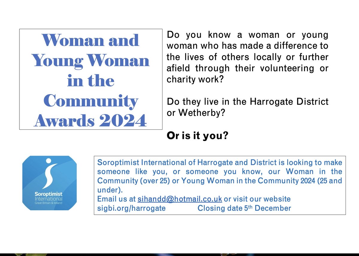 SI Harrogate & Dis (@soroptimist80) on Twitter photo Help us find the Woman & Young Woman in the Community 2024. We will be celebrating International Women's Day #IWD on 8th March and a looking for nominations for our awards. Please email sihandd@hotmail.co.uk for a nomination form <a href="/Harrogate_News/">Harrogate Informer</a> <a href="/GHRHarrogate/">Greatest Hits Radio Harrogate & Yorks Dales News</a> <a href="/HgateAdvertiser/">Harrogate Advertiser</a> Help us find the Woman & Young Woman in the Community 2024. We will be celebrating International Women's Day #IWD on 8th March and a looking for nominations for our awards. Please email sihandd@hotmail.co.uk for a nomination form <a href="/Harrogate_News/">Harrogate Informer</a> <a href="/GHRHarrogate/">Greatest Hits Radio Harrogate & Yorks Dales News</a> <a href="/HgateAdvertiser/">Harrogate Advertiser</a>