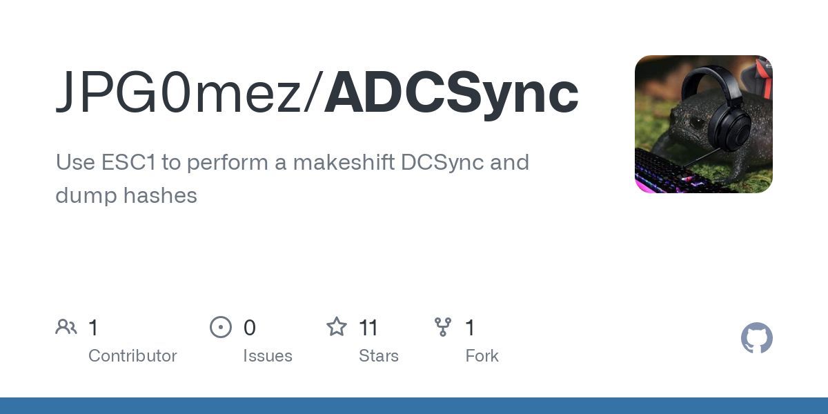 CyberWarship's tweet image. "ADCSync: Use ESC1 to perform a makeshift DCSync and dump hashes"

#infosec #pentest #redteam 
github.com/JPG0mez/ADCSync