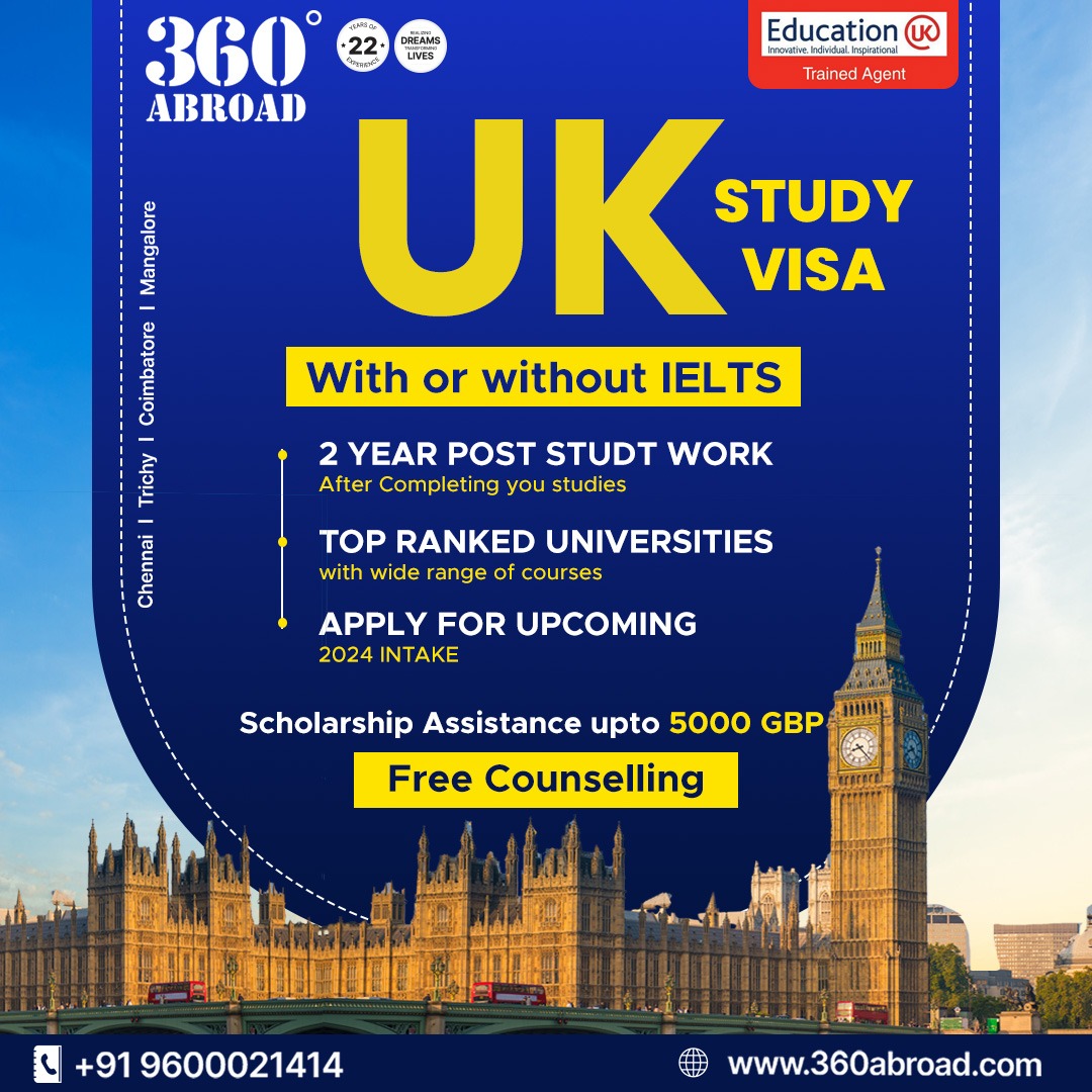 Ready to take the leap and explore your potential in the UK? Contact us for guidance and start your application. #UKSTUDYVISA

#360abroad #360abroadconsultancy #UKStudyVisa #PSW #WithOrWithoutIELTS #InternationalEducation  #ExploreTheUK #SeizeYourFuture #YourPathToExcellence