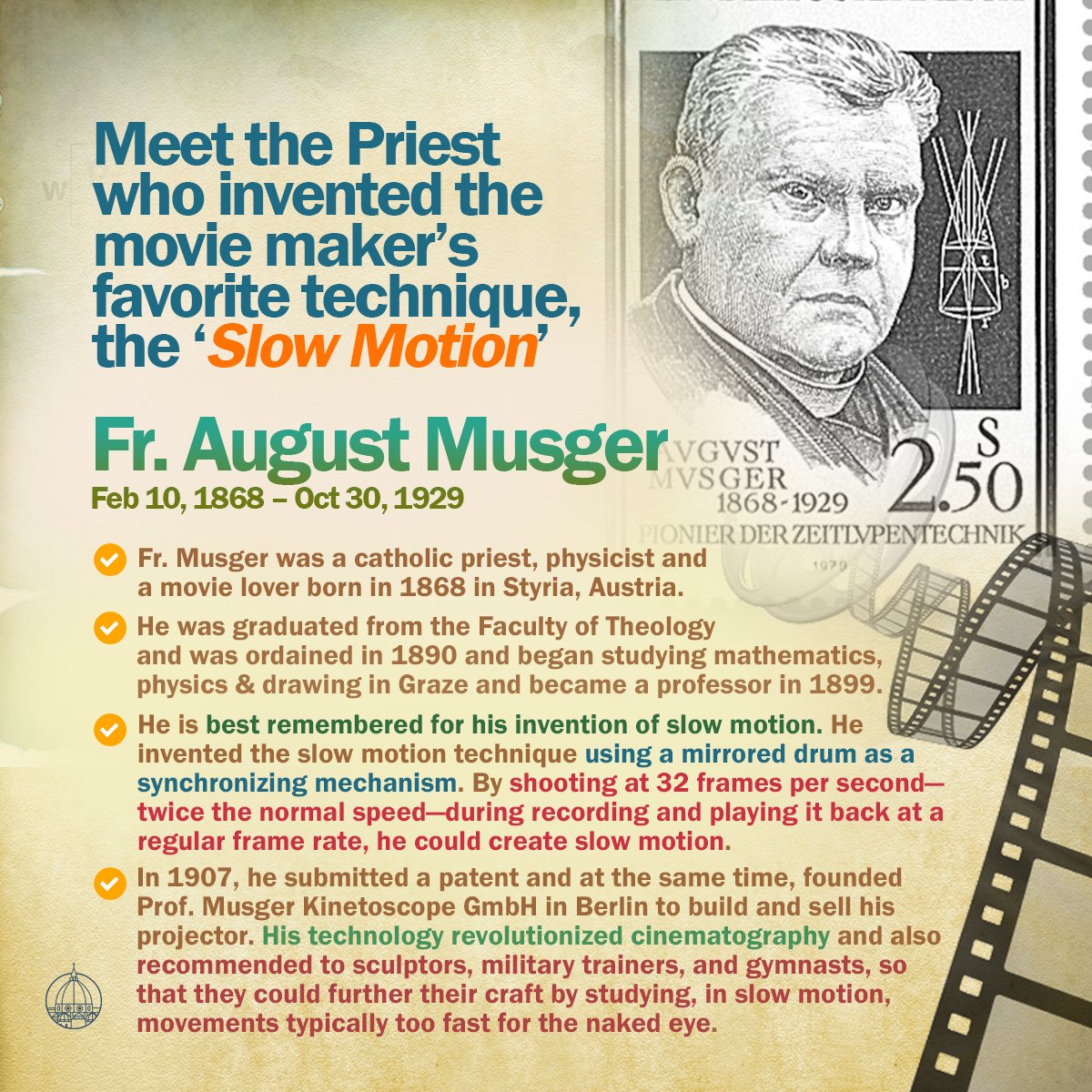 Meet the Catholic Priest who invented the movie maker's favorite technique, the ‘Slow Motion’. Fr. August Musger (Feb 10, 1868 – Oct 30, 1929). Fr. Musger was also a movie lover from Styria, Austria 🇦🇹. He is best remembered for his invention of slow motion. 
#churchandscience
