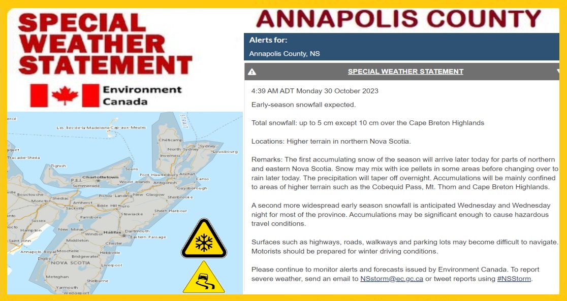 Special Weather Statement in effect for Annapolis County
❄️Early-season snowfall expected.
❄️Total snowfall: up to 5 cm except 10 cm over the Cape Breton Highlands
Please continue to monitor alerts and forecasts issued by Environment Canada weather.gc.ca/warnings/repor…