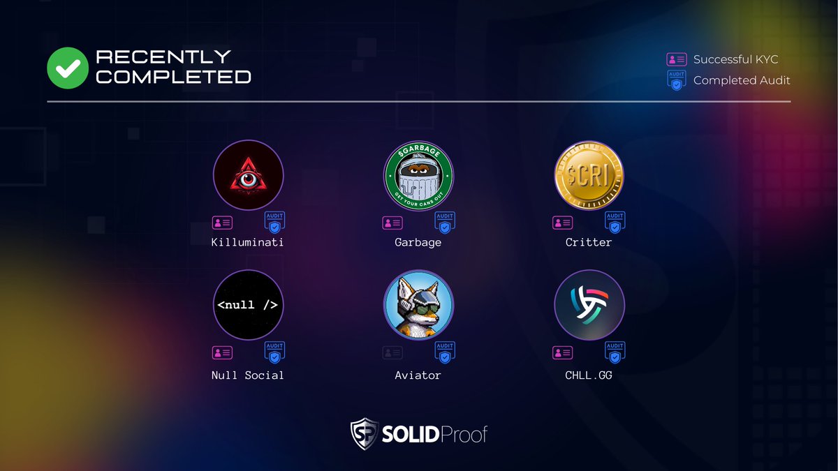 ✅ We've recently completed security checks for:

@killumeth
<a href="/crittererc/">Critter</a>
<a href="/buygarbage/">💰GARBAGE</a>
<a href="/nullsocialfi/">Null Social</a>
<a href="/aviator_ac/">Aviator</a>
<a href="/chll_gg/">chllgg</a>

🛡️ Strengthening the #blockchain, one audit at a time. #BlockchainSecurity