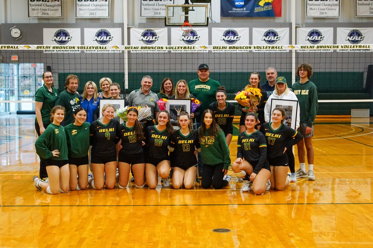 DelhiBroncos's tweet photo. Yesterday, @SUNYDelhiVB honored their three graduating seniors, Stephanie Burke, Gianna Militi and Sage Renneisen in their final match in Delhi.

The Broncos will be back in action for the first round of the NAC playoffs this weekend!

#delhidrive #wedigdelhi https://t.co/uduHL24vsu