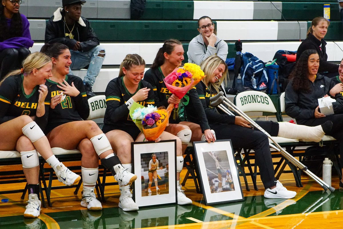 DelhiBroncos's tweet photo. Yesterday, @SUNYDelhiVB honored their three graduating seniors, Stephanie Burke, Gianna Militi and Sage Renneisen in their final match in Delhi.

The Broncos will be back in action for the first round of the NAC playoffs this weekend!

#delhidrive #wedigdelhi https://t.co/uduHL24vsu