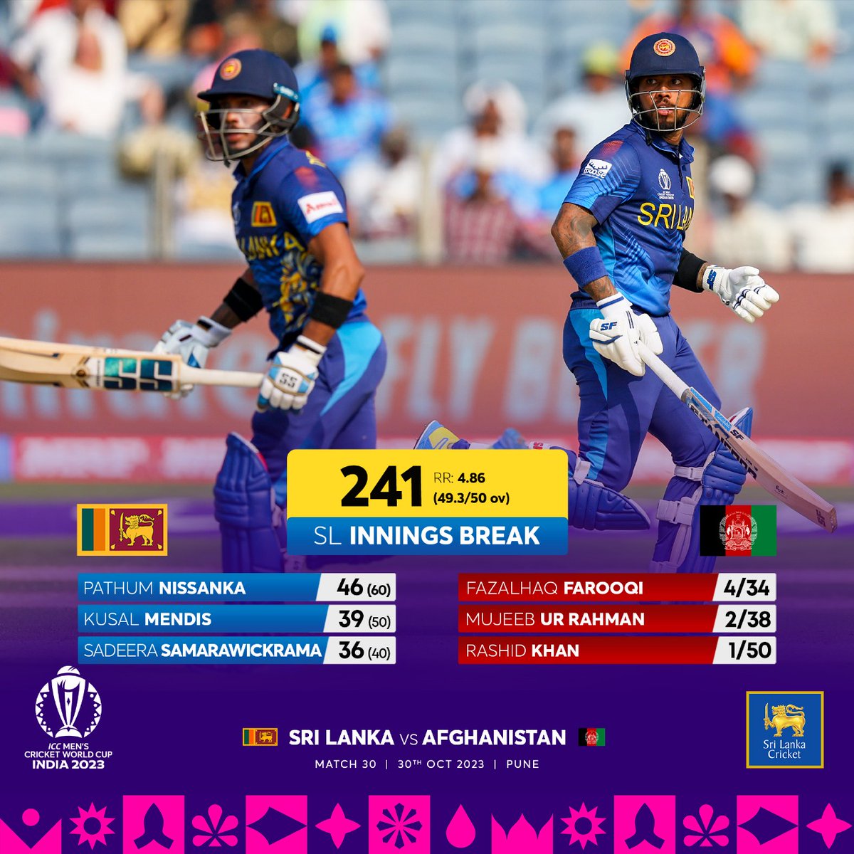 Sri Lanka sets a target of 242. It's time to defend the target with all our might! 👊 

#SLvAFG #LankanLions #CWC23