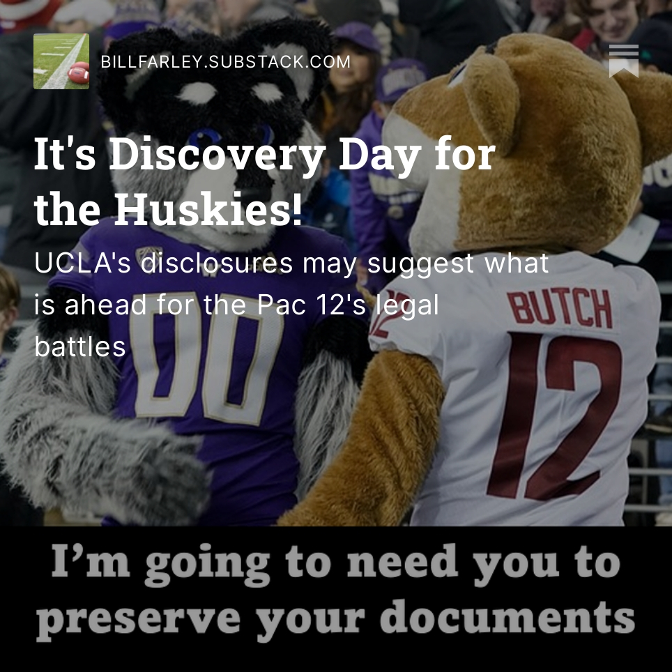 BillFarleyPhD's tweet photo. Huskies on the clock today! Important filings ahead over next 10 days in the WSU/OSU v. Pac 12 Case. What we may learn based on UCLA's recent disclosure of their negotiations/agreement with the Big 10. #GaggleofLawyers #Pac12 #CFBRealignment
https://t.co/l0eaJZ7RfE https://t.co/eiL93foRJJ