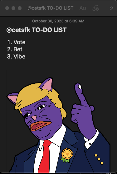 cets fk and the only way we fk is by getting shit done.

the cet's to-do list (in order of importance):

1. vote on CEO election vote.cets.wtf
2. bet on CEO election cetsbets.xyz
3. vibe in the creckhouse