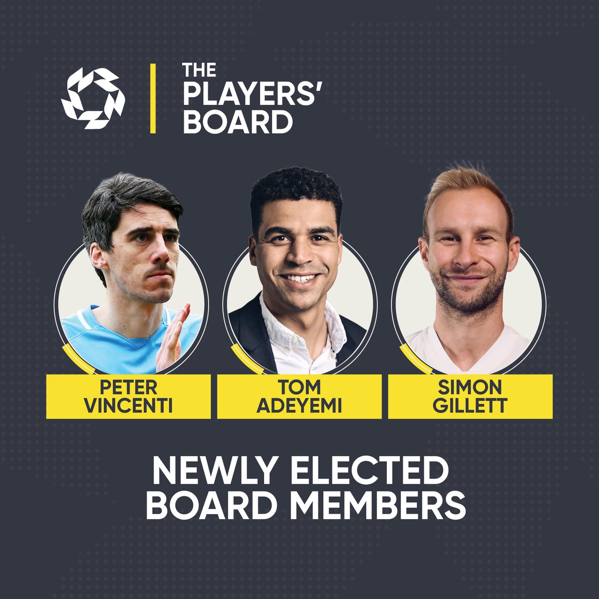 PFA's tweet photo. The PFA recently held an election for three former member positions on the Players’ Board.

We're pleased to announce Peter Vincenti's re-election to the board. Peter is joined by former Birmingham City midfielder Tom Adeyemi and former Doncaster Rovers midfielder Simon Gillett.