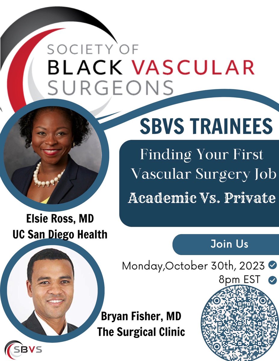 SBVS Trainees: Join us tonight for our event "Finding Your First Vascular Surgery Job", led by Dr. Elsie Ross <a href="/tyingwithpolish/">Elsie Ross</a> and Dr. Bryan Fisher <a href="/AmputationSuck/">👊🏾👍🏾BT Fisher Sr., MD</a>