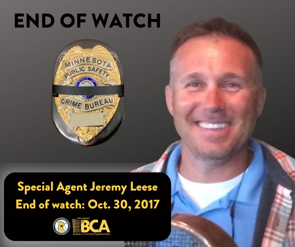 MnDPS_BCA's tweet image. It’s been six years since BCA Special Agent Jeremy Leese lost his life on Oct. 30, 2017. Jeremy had been a BCA agent for 11 years; he was married and he had two children. We remember Jeremy today. We miss his smile and we continue to hold his family and loved ones in our hearts.