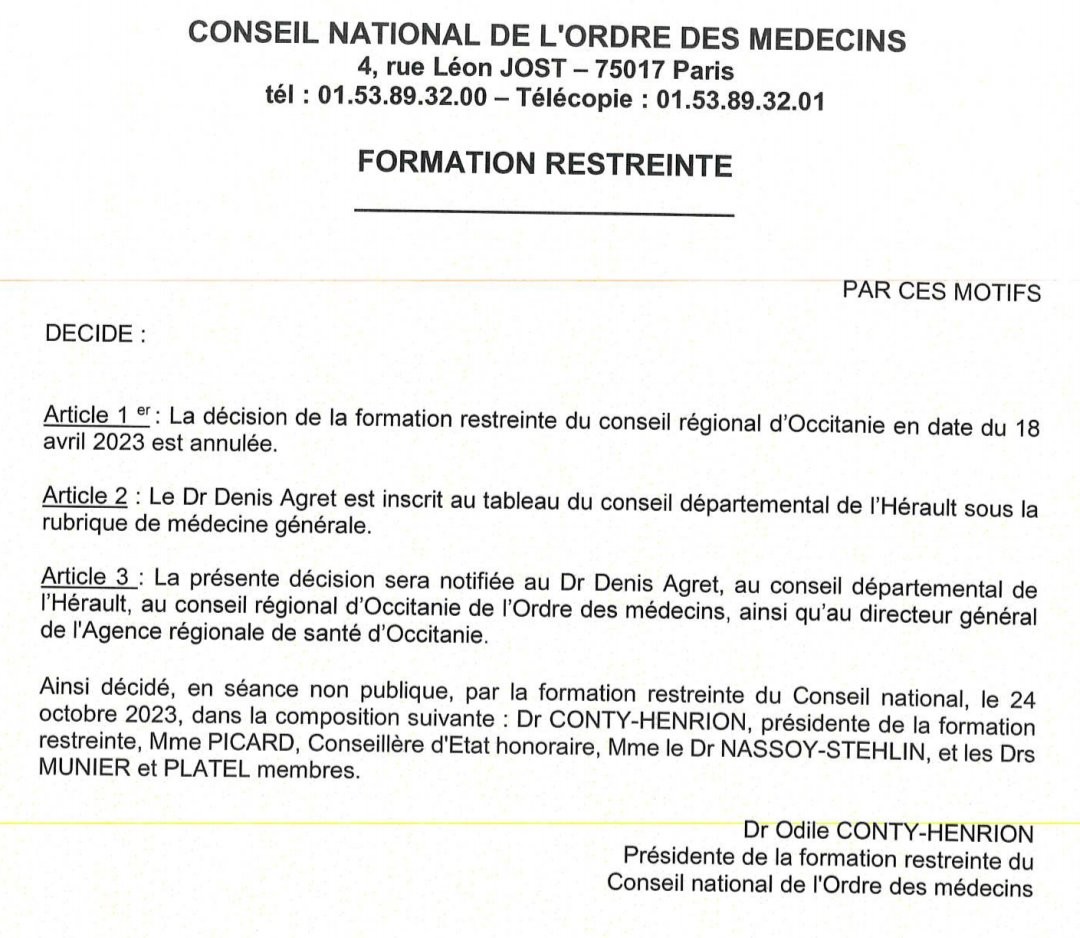 AgretDenis's tweet photo. Plus d'1 an de "bataille" avec l'ordre. 
Je suis compétent et pas fou ! 
Je suis donc réinscrit au CDOM 34.
Tous mes propos sur les vax #covid réposent sur mes compétences et ma clairvoyance. 
Merci pour tous vos soutiens.
Il y a encore de la prévention #myocardites #SuddenDeath https://t.co/9TdEuQkp80