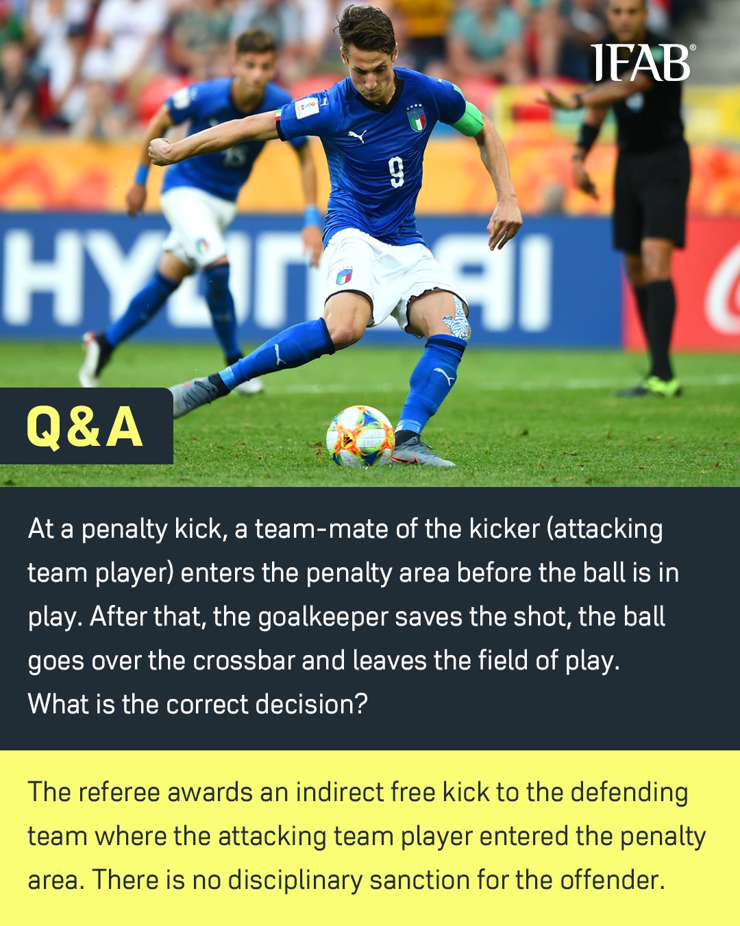 The IFAB on X: A penalty kick has been awarded to Team A. The kicker has  completed their run-up, deliberately stops and feints to kick the ball. At  the same time, a