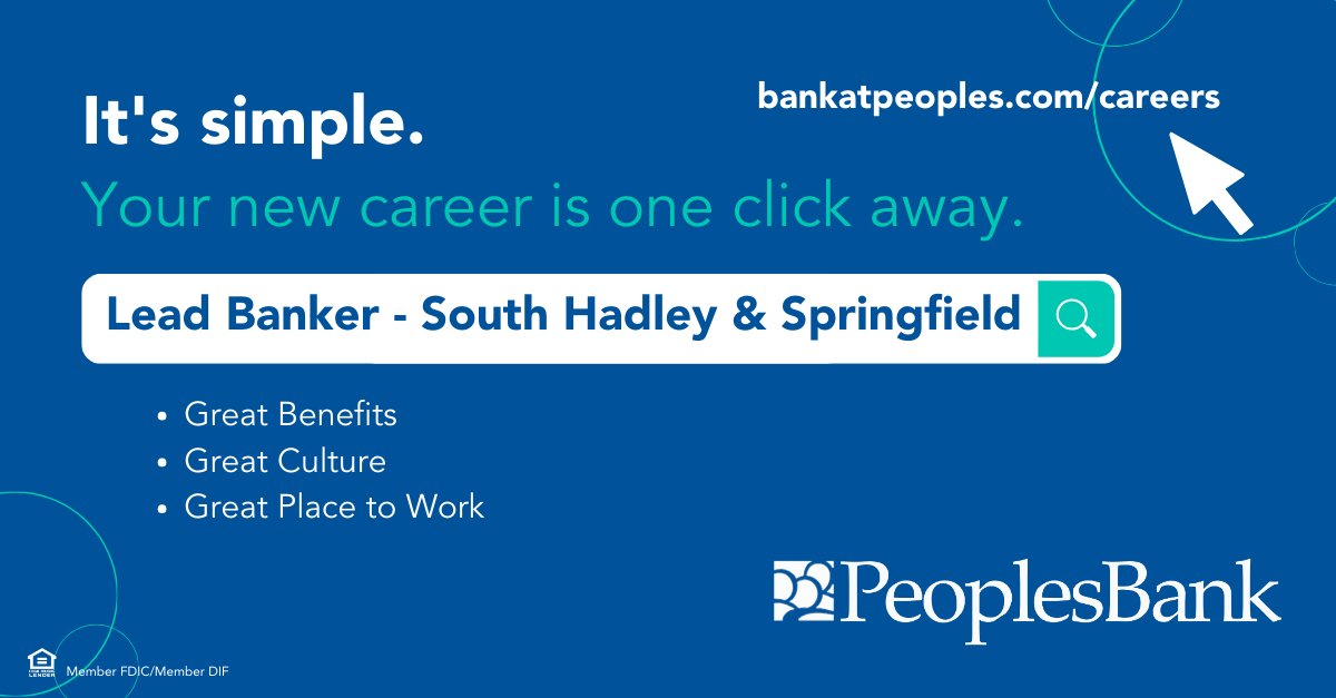 #WeAreHiring for Lead Banker - South Hadley & Sixteen Acres (Springfield) Visit bankatpeoples.com/careers to learn more & apply. #BankAtPeoples #hiringnow #Jobalert #GreatPlacetoWork #southhadley #southhadleyma #Shadley #springfield #springfieldma #westernma #wmass #pioneervalley