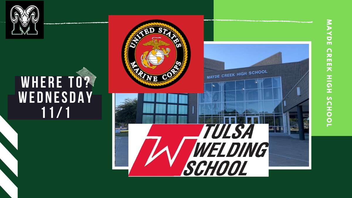Where To? Wednesday this week will have <a href="/USMC/">U.S. Marines</a> and <a href="/WeldingSchool/">Tulsa Welding School</a>. Stop by their tables in the Main Commons during all three lunches. #MaydeForThis <a href="/MCHS_Rams/">RamNation</a>