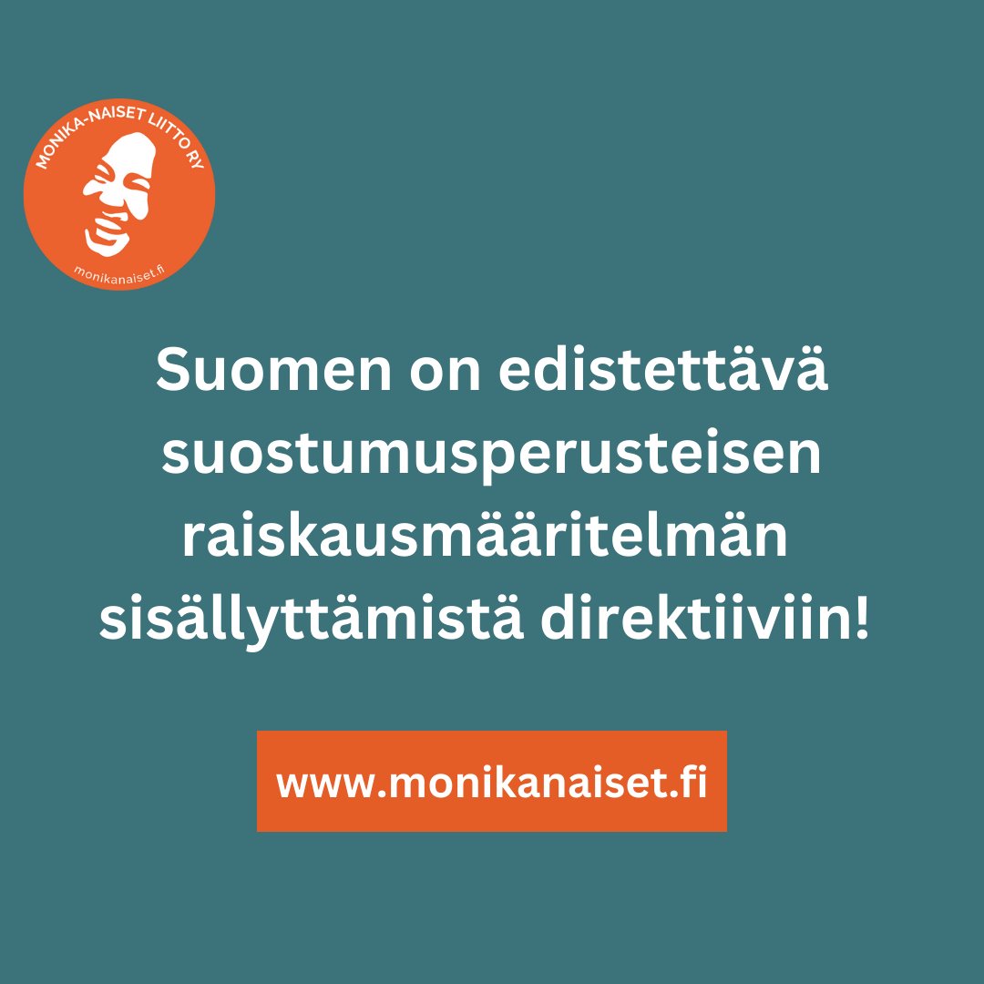 Monika-Naiset liitto (@monikanaiset) on Twitter photo Vetosimme yhdessä <a href="/naisjarjestot/">Naisjärjestöjen Keskusliitto</a> <a href="/Naisunioni/">Naisasialiitto Unioni</a> @naistenlinja <a href="/NytkisRy/">NYTKIS ry</a> kanssa oikeusministeri <a href="/leena_meri/">Leena Meri</a>’in, että Suomen tulee edistää suostumusperusteisen raiskausmääritelmän sisällyttämistä EU:n naisiin kohdistuvan väkivallan vastaiseen direktiiviin. Vetosimme yhdessä <a href="/naisjarjestot/">Naisjärjestöjen Keskusliitto</a> <a href="/Naisunioni/">Naisasialiitto Unioni</a> @naistenlinja <a href="/NytkisRy/">NYTKIS ry</a> kanssa oikeusministeri <a href="/leena_meri/">Leena Meri</a>’in, että Suomen tulee edistää suostumusperusteisen raiskausmääritelmän sisällyttämistä EU:n naisiin kohdistuvan väkivallan vastaiseen direktiiviin.