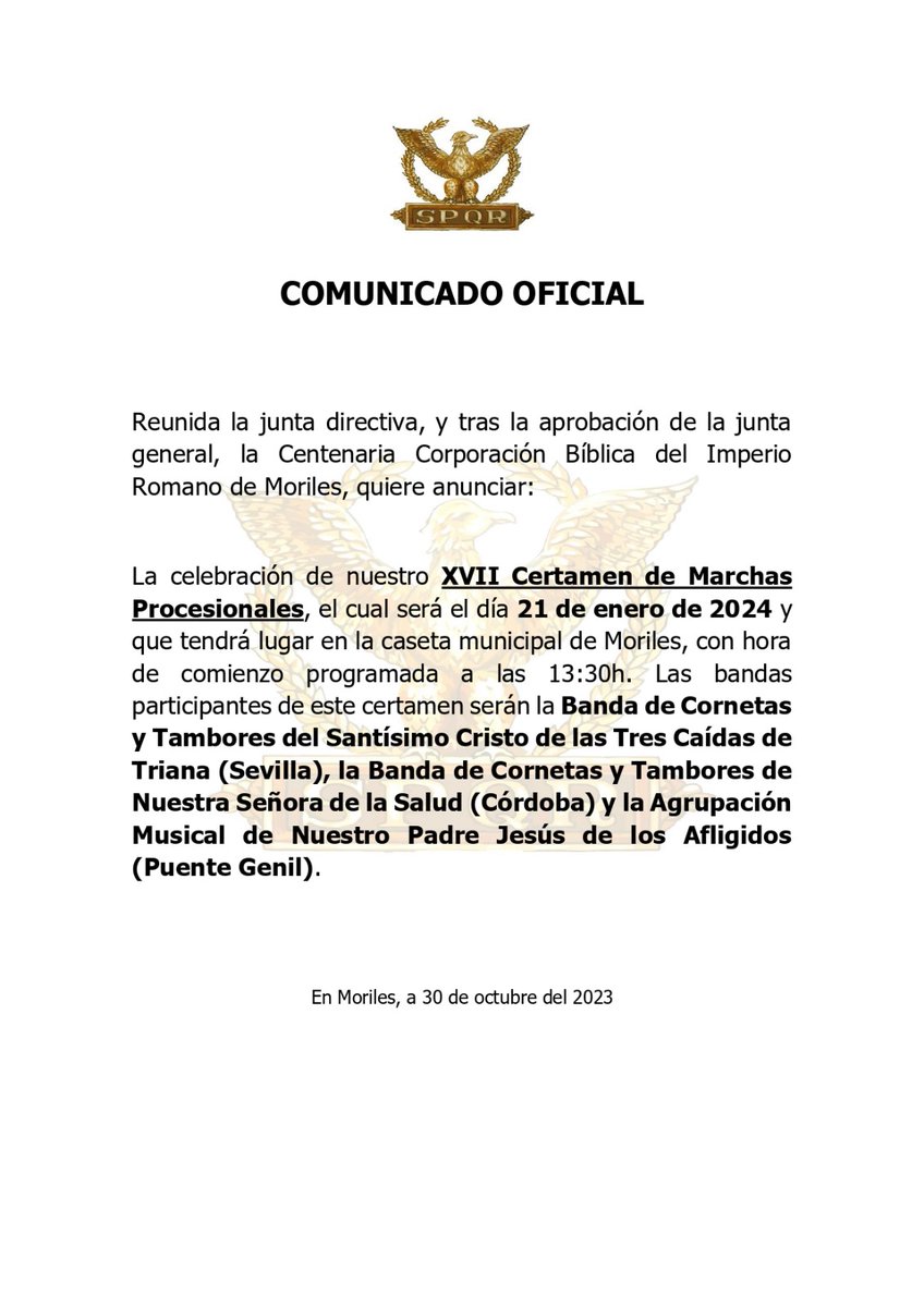 spqrmoriles's tweet photo. COMUNICADO OFICIAL
@3Caidas_Triana 
@bandasaludcord 
@AM_Afligidos https://t.co/7HLSK5y4UL