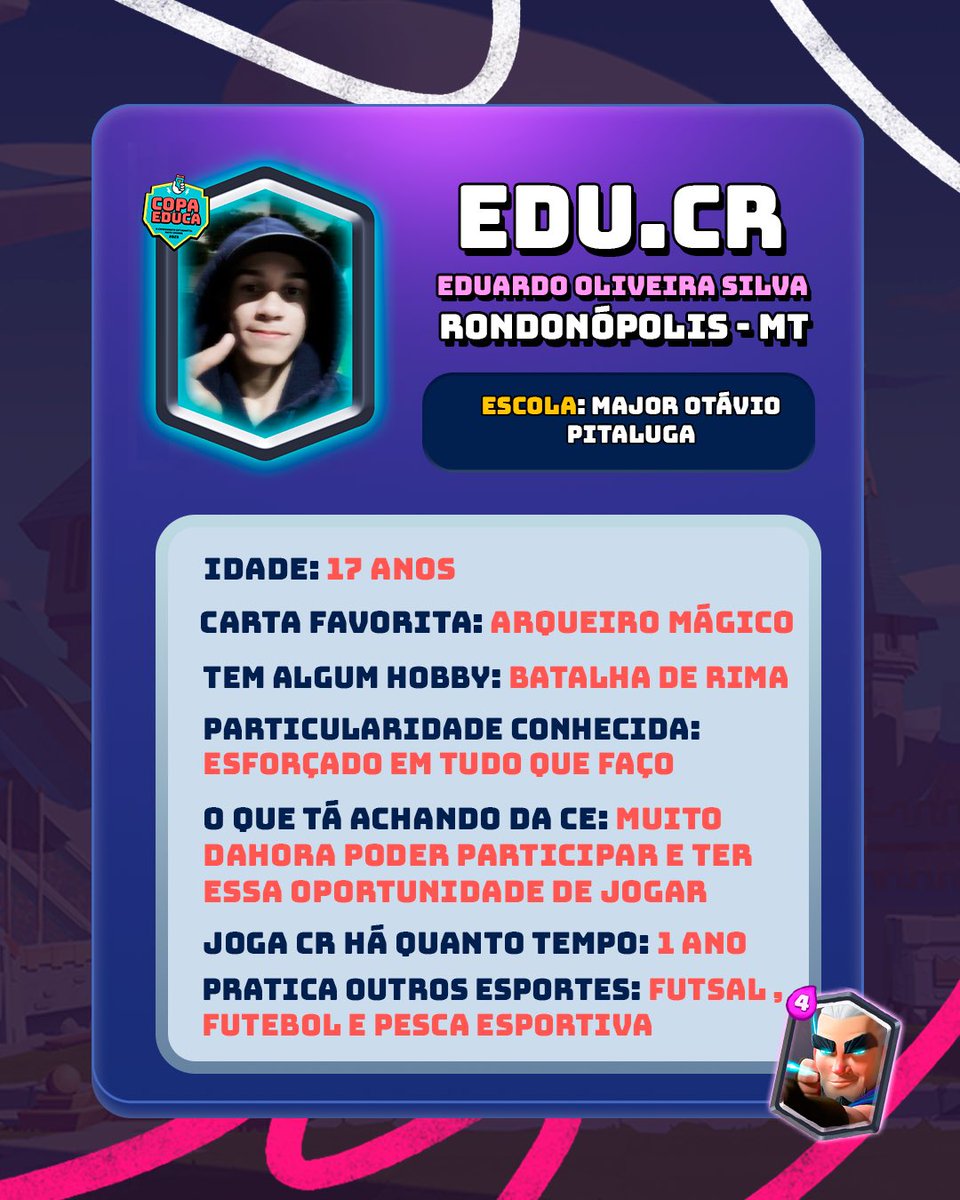 CopaEducaMT's tweet photo. 🥈Esqueça tudo! O momento agora é do melhor jogador de Clash Royale do mês de agosto!
O imbatível, o insuperável, o nome dele é EduCR!
Ele mandou muito bem nas Arenas do Clash Royale, ele quem tem 9.000 troféus, e pra quem não sabe esse é o máximo que você pode conseguir no jogo. https://t.co/ZikGUzylis