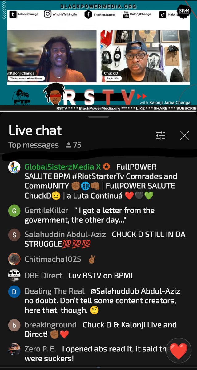 Global_Sisterz's tweet image. HABARI GANI CommUNITY! 

On - Air Right Now |
 BLaCK PoWeR MeDia @BlackPowerMedi1

REVOLUTION🌐SOLIDarity
🫸🏾❤️🖤💚🫷🏾

#RiotStarterTv [🎙️🔥📲] with Comrade Kalonji Changa. 

Brotha Chuck D is on-site | #timeFULL REVOLUTIONARY CoNvErSaTiOn 🧭📜✍🏾
 
youtube.com/live/ajxzByqkT…