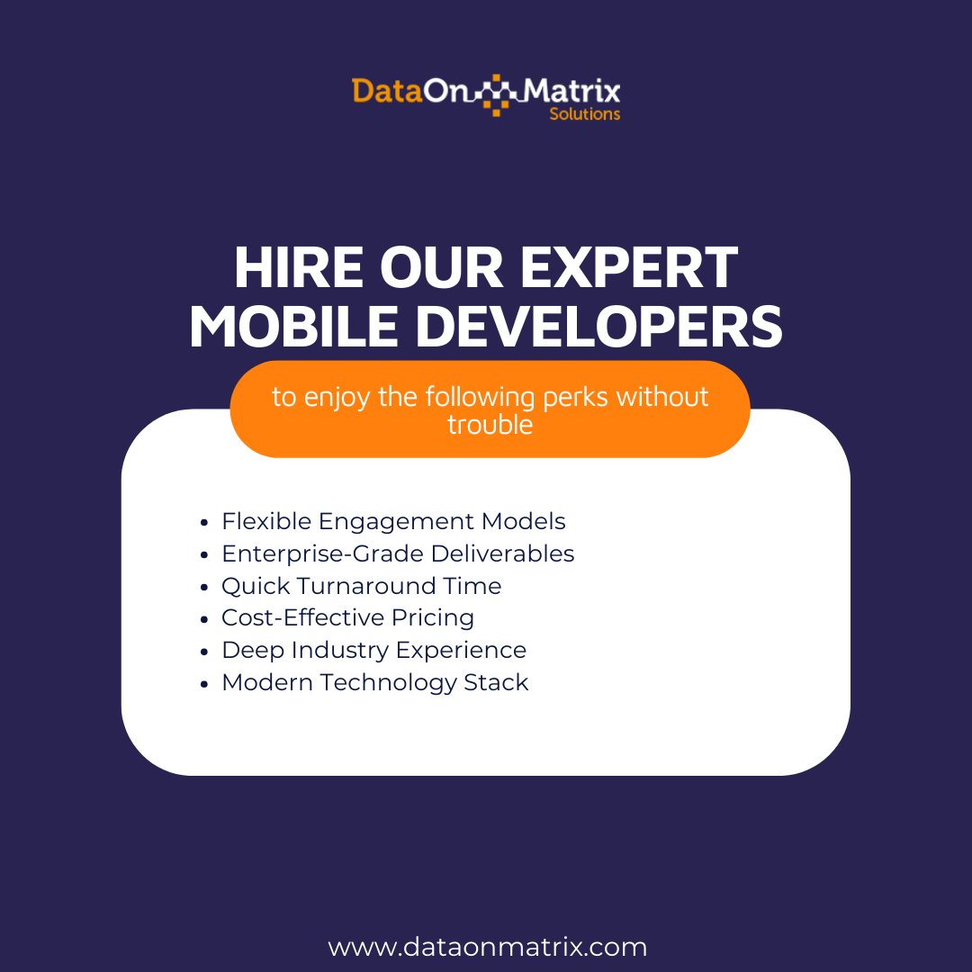 DataonMatrixx's tweet image. Hire Our Expert Developers Today. Say goodbye to development hassles! Contact us now.
bit.ly/3KaShfh
#mobileapps #mobiledevelopers #mobileappdevelopment #MobileDevExperts #FlexibleSolutions #EnterpriseDevelopment #IndustryExperience