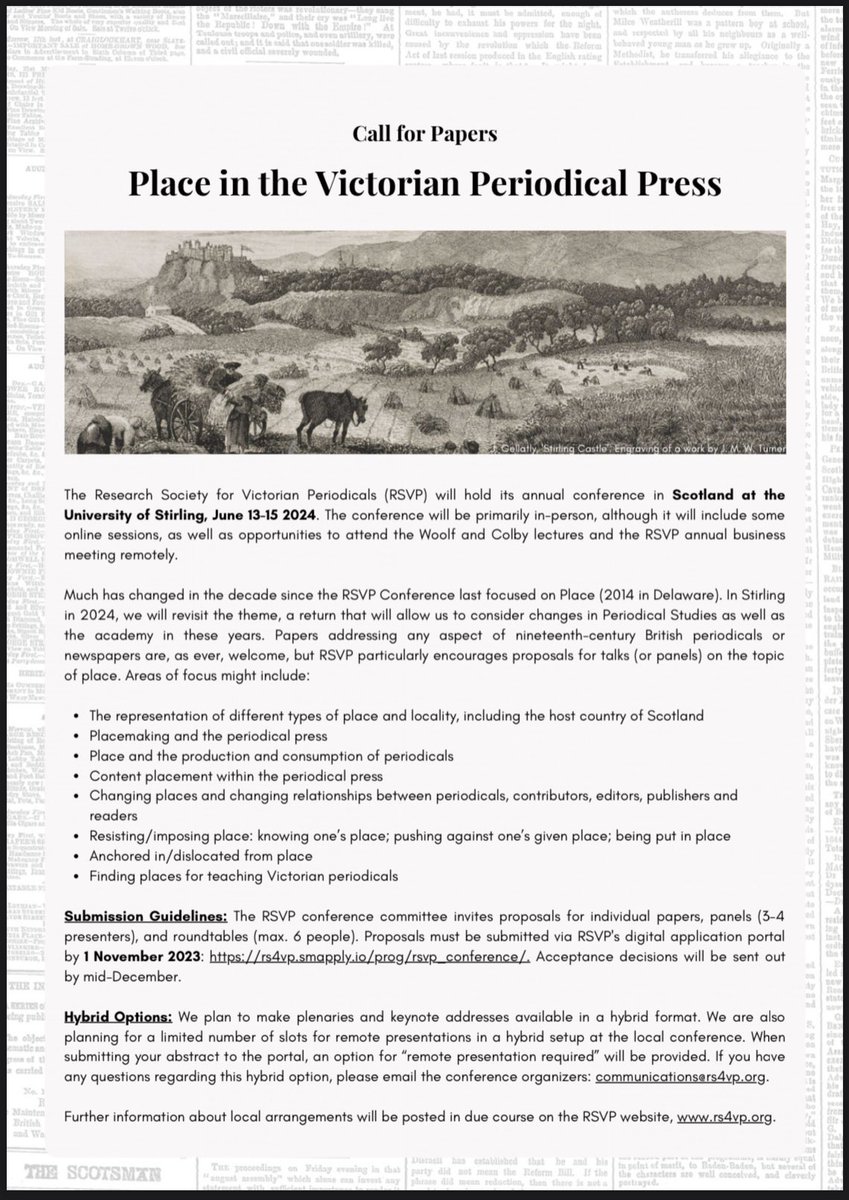 Do you use Victorian newspapers, magazines or periodicals in your research? Are you looking for a UK-based conference next summer? @RS4VP’s 2024 conference will be held in Stirling, @stiruni! Come along and share your ideas 🗞️ 📰 Call for Papers below👇🏻