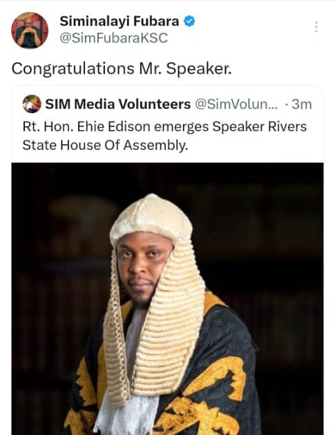 VANPDPNg's tweet photo. Flash News;

Rivers State Governor H. E @SimFubaraKSC
Congratulates and Confirmed the election of New Speaker in the state. 

@SimFubaraKSC https://t.co/Mk3gTrqhnX