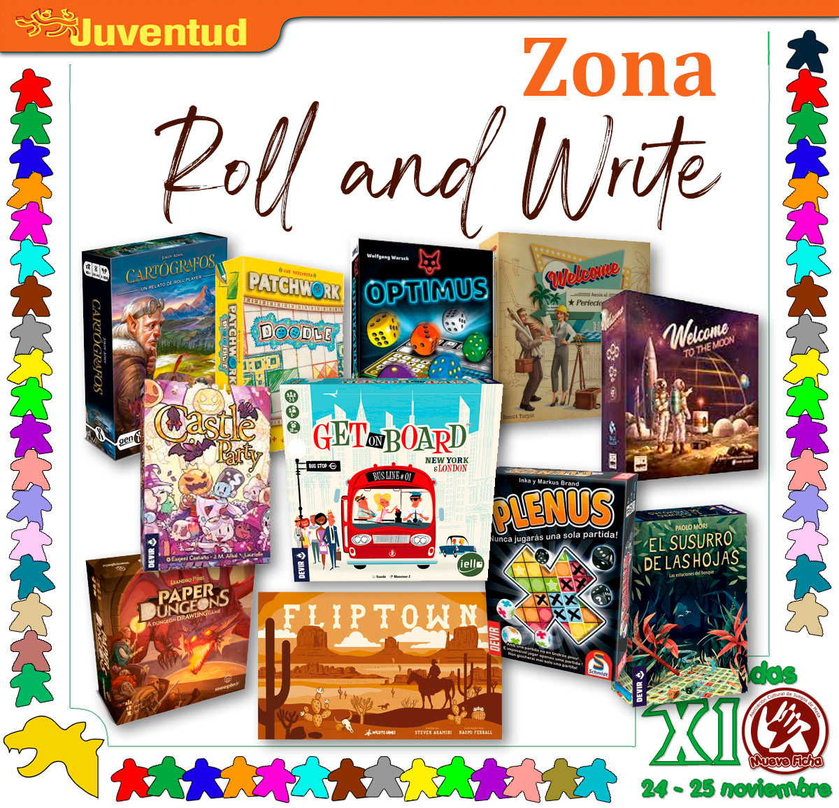 acmueveficha's tweet photo. Este año inauguramos la Zona #rollandwrite en nuestras #XIJornadasMueveFicha del 24-25/11 en @JuventudCadiz
Como veis en la foto habrá muchos juegos:
#Paperdungeons, #Welcometothemoon, #Castleparty, #getonboard, etc.
¿Qué es un juego roll & write?👇
https://t.co/0B5WzJ2mG2 https://t.co/Fqv0lOKw7Z