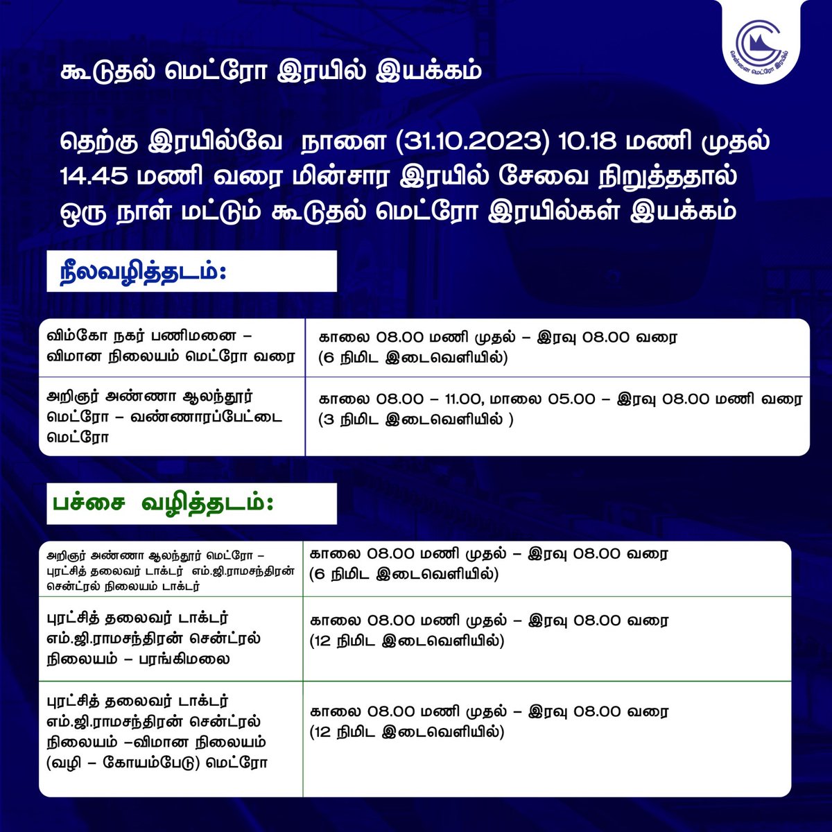 #pressrelease

#Chennai Metro Rail Limited operate additional services due to Southern Railway EMU service suspension on 31st October 2023.

#cmrl #chennaimetro #metro #trainservices #journey #southernrailway #trains #metrotrain