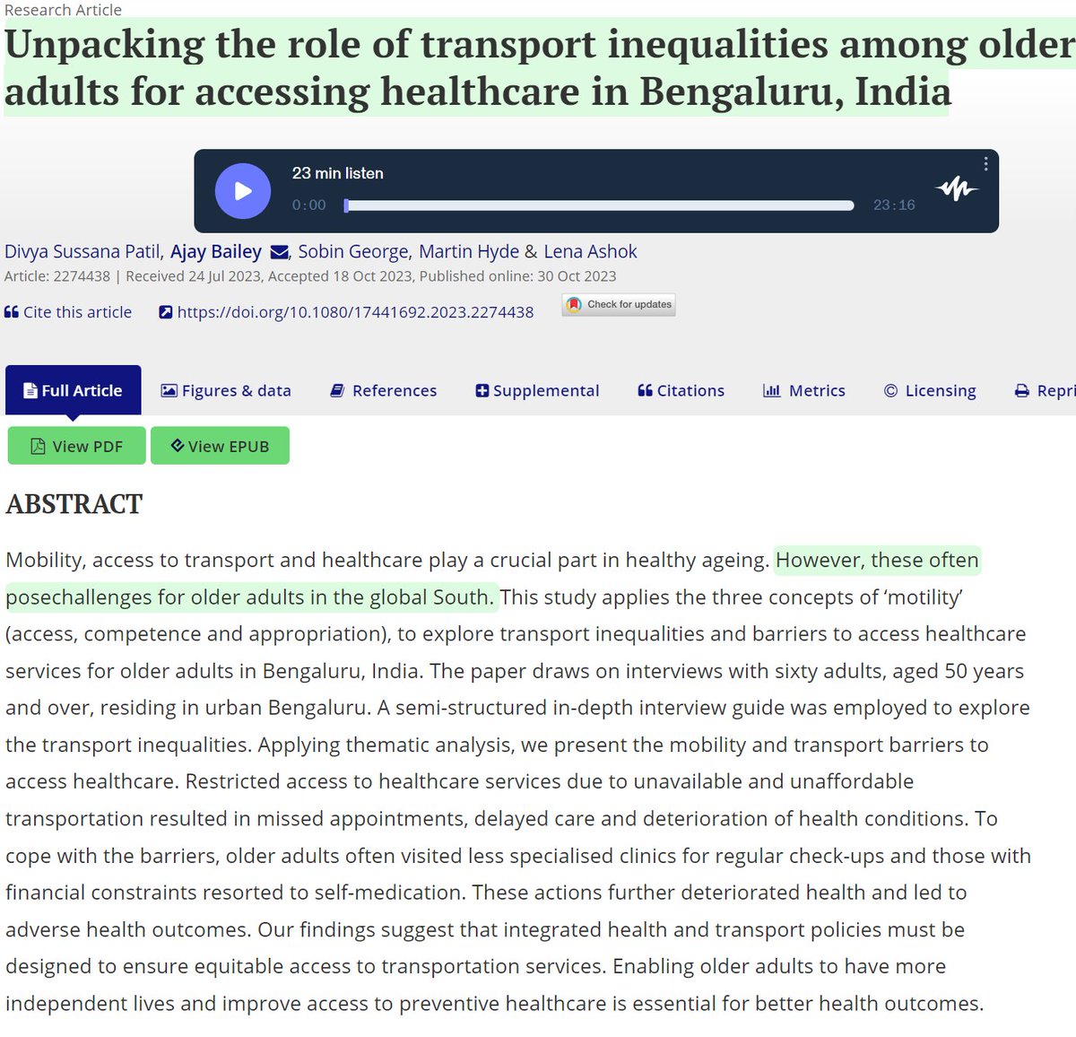Gt to see this fantastic paper showing how inequalities in access to transport can exacerbate health inequalities in later life in India has now been published #OA for anyone to download &amp; read tandfonline.com/doi/full/10.10…