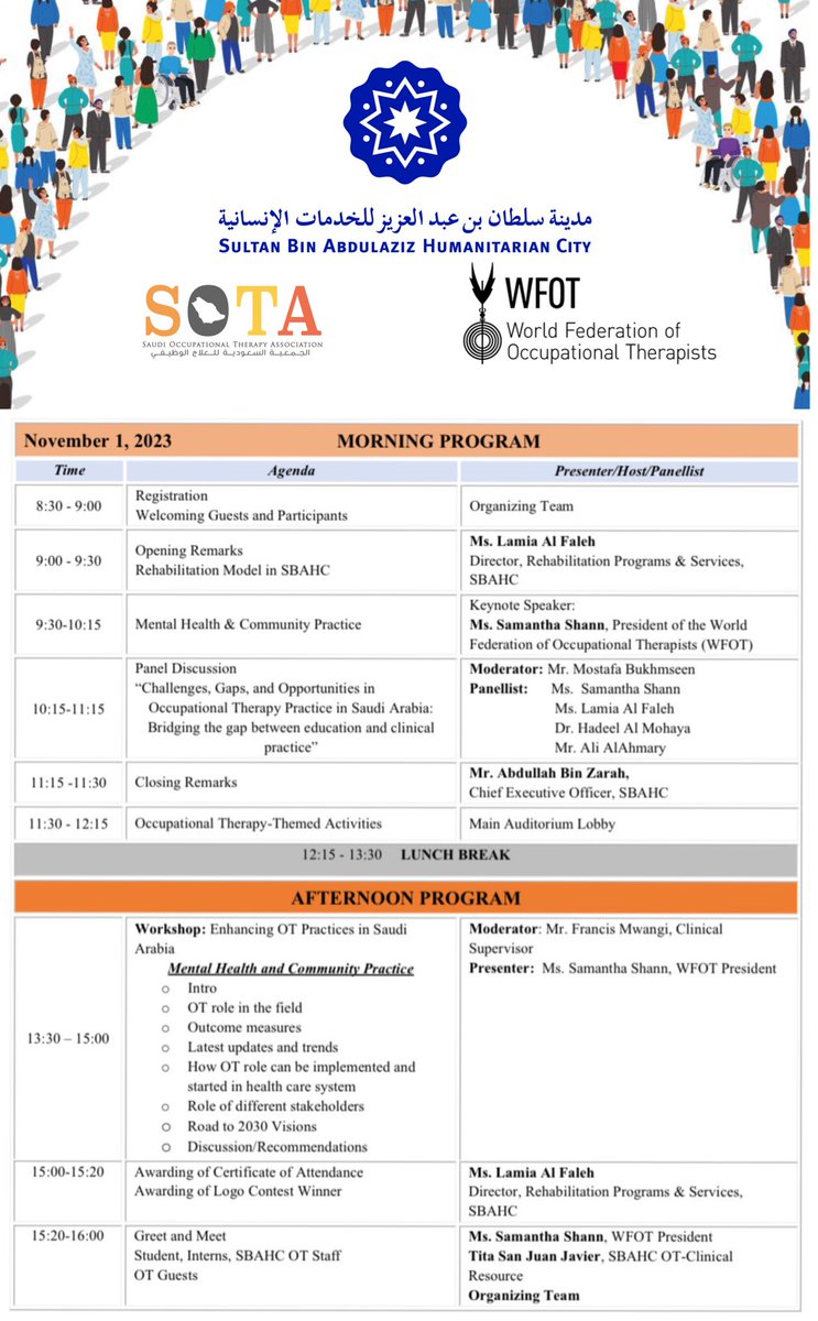 SOTA_Media's tweet photo. In collaboration with Sultan bin Abdulaziz Humanitarian City you are welcome to join us for OT Day with Ms Samantha, discussing

"Future of occupational therapy practice in Saudi Arabia"

⏱️9-3pm 
📆Wednesday 1st November
📍SBAHC Main Auditorium.
Please refer below for the agenda https://t.co/Ru8Makv4JI