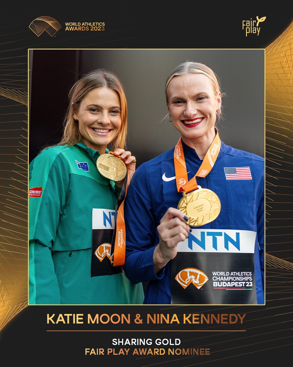 International Fair Play Award nominees ✨

Repost to vote for Nina Kennedy 🇦🇺 and <a href="/ktnago13/">Katie Moon</a> 🇺🇸 sharing the pole vault 🥇 at the #WorldAthleticsChamps

Voting closes at midnight CET on Sunday 5 November. 

#AthleticsAwards