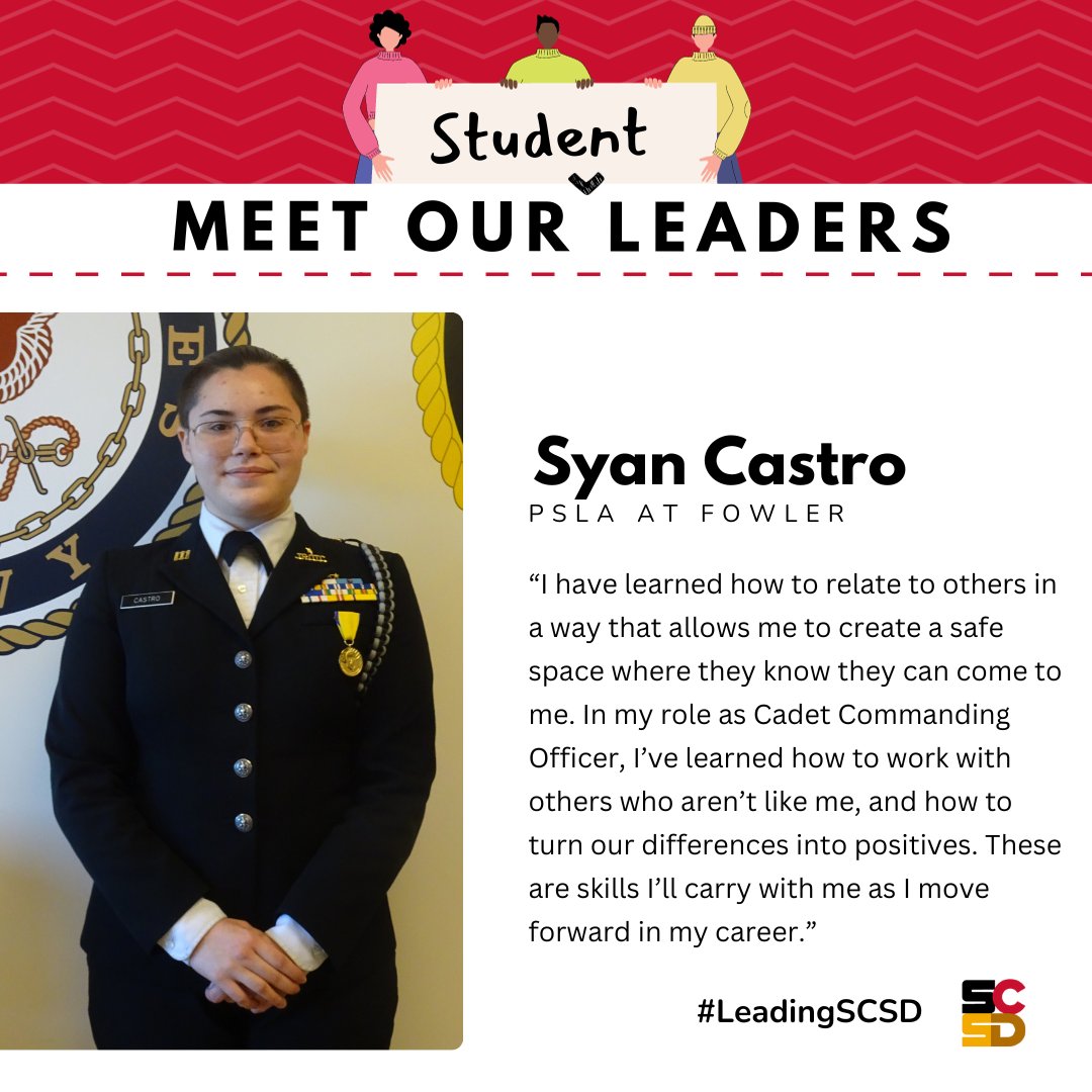 SyracuseSchools's tweet photo. This year, we’re excited to share with you more about the passionate individuals who are #LeadingSCSD - including STUDENT leaders like @PSLAatFowler senior Syan Castro – who is also the Cadet Commanding Officer for her school’s Navy National Defense Cadet Corps (NNDCC) program! https://t.co/fjaZpk3eA8