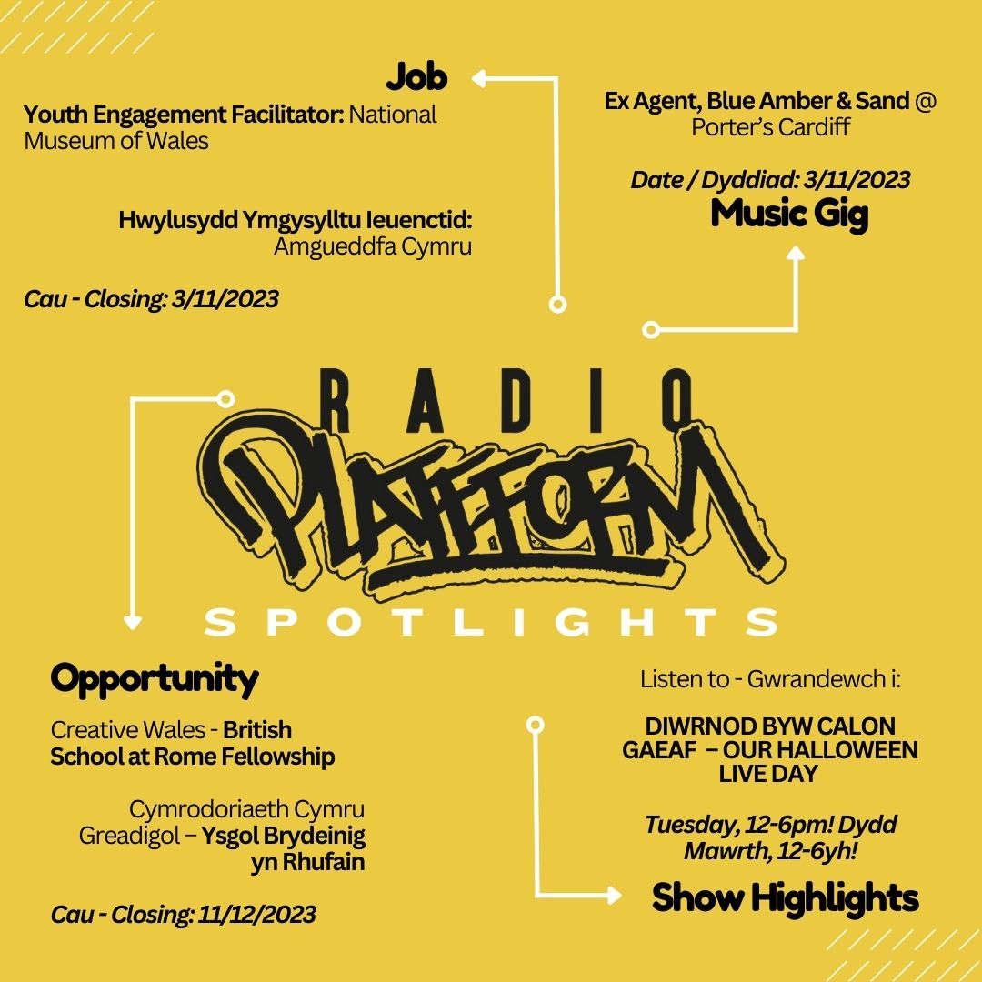 Radio Platfform Spotlights. This week's handpicked selection of the finest jobs, opportunities, gigs and RP shows: 1. Swydd/Job arts.wales/news-jobs-oppo… 2. Gig porterscardiff.com 3. Cyfle/Opportunity arts.wales/news-jobs-oppo… 4. Sioe/Show player.broadcastradio.com/wales-millenni…