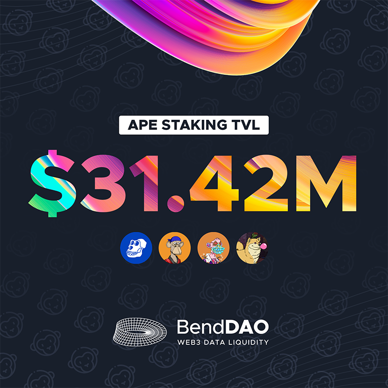 BendDAO's tweet photo. 🚀 Ape Staking on BendDAO hits to $31M #TVL!
❤️🔥 Maximized #ApeCoin Staking Yield for your #BAYC, #MAYC, and #BAKC
✅ Rest easy about your #ApeFestHK 🇭🇰. @Tokenproof supports verification during staking.
https://t.co/yRJ3A80NJM
$APE #Yuga #ApeStaking #BendDAO https://t.co/zUpJ29l1bu