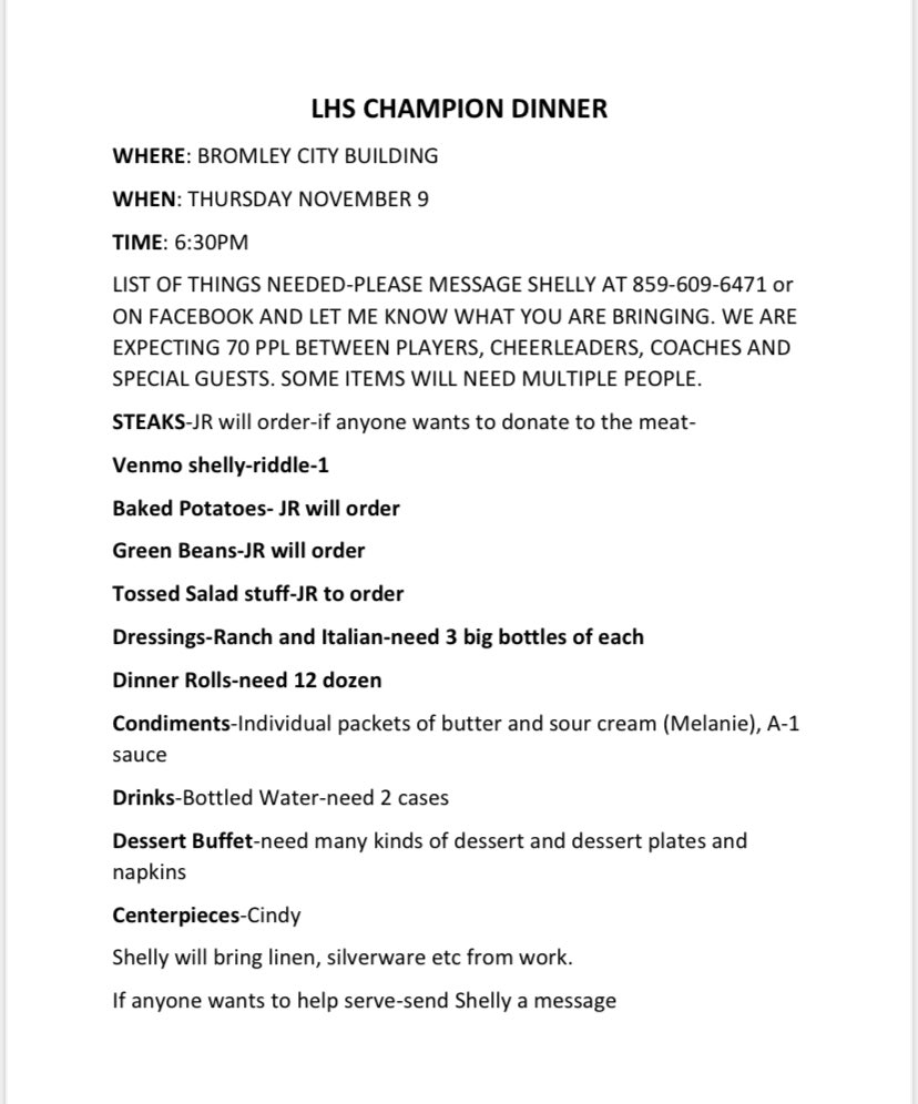 Please consider sharing your time, talent , or treasure to help with the "District Champions Dinner"