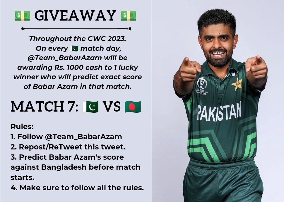 Don't let yourself distract from #Mission23 🏆

Predict Babar's EXACT score vs 🇧🇩 & get a chance to win 𝗥𝘀.𝟭𝟬𝟬𝟬.

Rules
1. Follow @Team_BabarAzam
2. Repost this tweet
3. Predict  before the match begins (1:30 PM)
4. Make sure to follow all the rules

#BanShoaibJutt |…