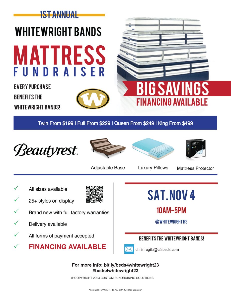 Join us &amp; #WhitewrightISD Bands for their 1st Annual #MattressFundraiser THIS Saturday, November 4th (10am-5pm) at Whitewright HS. Here R details to RT/share with friends! #beds4whitewright23 Please RT!