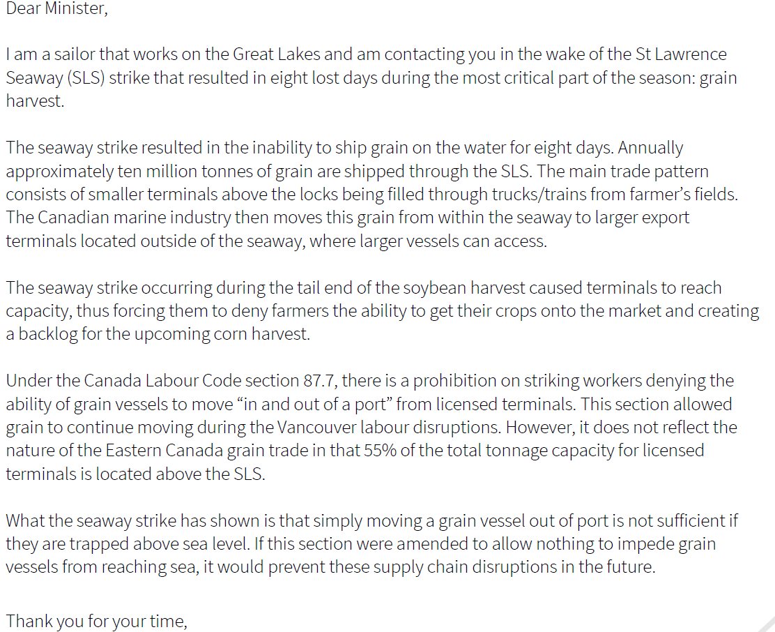 #SeawayStrike is over, but still working the issue. Labour code allowed Port of Vancouver to move grain, but not seaway

Working others to understand the nature of our supply chain. 55% of tonnage is above sea level. Loading a boat isn't enough, it has to be able to leave lakes