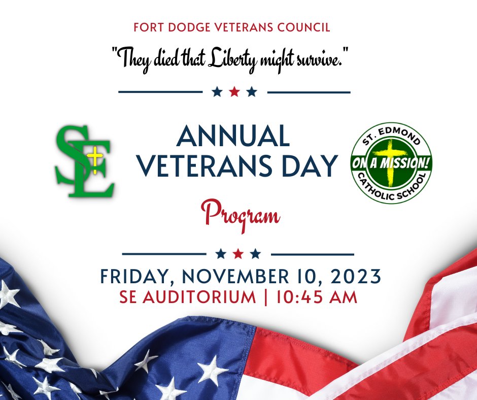 Save the date for the upcoming Fort Dodge Veterans Council 'ANNUAL VETERANS DAY PROGRAM' on Friday, November 10, 2023.