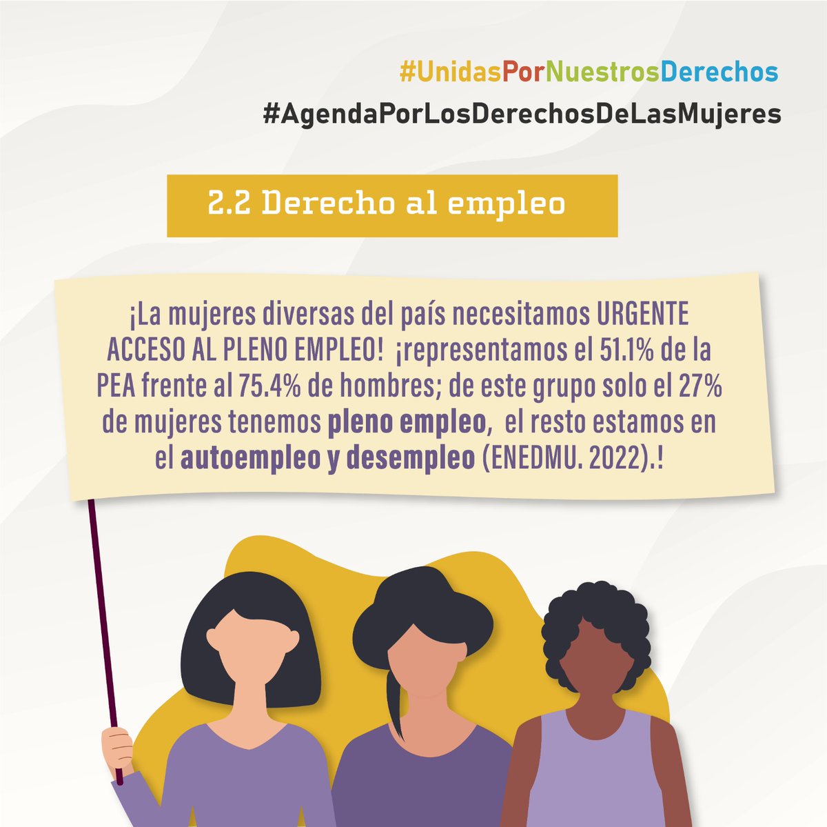 Eje 2🚺La brecha de empleo es inaceptable. Exigimos igualdad de oportunidades laborales para todas las mujeres en el país. Hoy, solo el 27% de las mujeres tienen un empleo pleno, mientras que el resto se enfrenta al autoempleo y al desempleo. 💼💪🌟#UnidasPorNuestrosDerechos