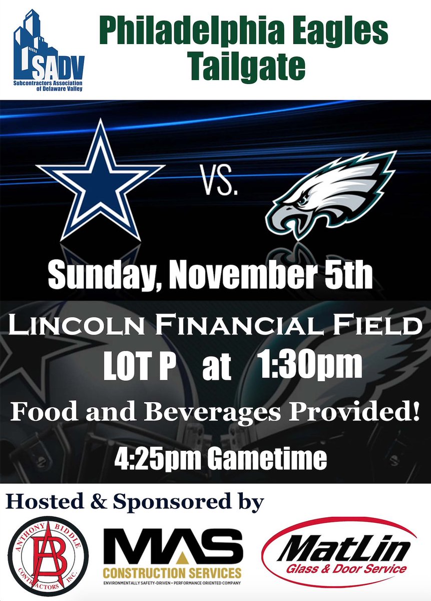 SadvPhilly's tweet photo. Don’t miss our SADV Eagles Tailgate on November 5th! Prizes, Bathrooms, Beverages, and food provided! We will have an RV, and the SADV tent and flags in LOT P. Can’t find us? Call 609-410-3385. https://t.co/HYOeLrD4SU