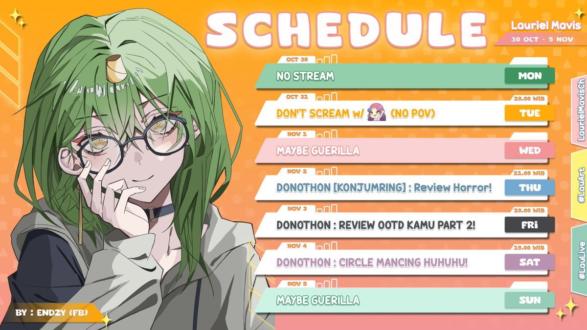 LaurielMavis's tweet photo. 🍦✨ Weekly Schedule ✨🍦

 30 October- 5 November

💚 General : #LaurielMavis
💚 Live : #LauLive
💚 Fan Art : #ForLau
💚 Meme : #LauWak
💚 Clips : #LauClips
💚 NSFW : #SecretLau
💚 Fan Name : #LauVers

#VtuberID #JadwalLau https://t.co/rGcRAQbI74