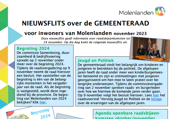 De nieuwsflits (november) voor inwoners kunt u vinden via is.gd/4aFkxo. Lees meer over jeugd en politiek, de begroting en de raadsbijeenkomsten in oktober/november.