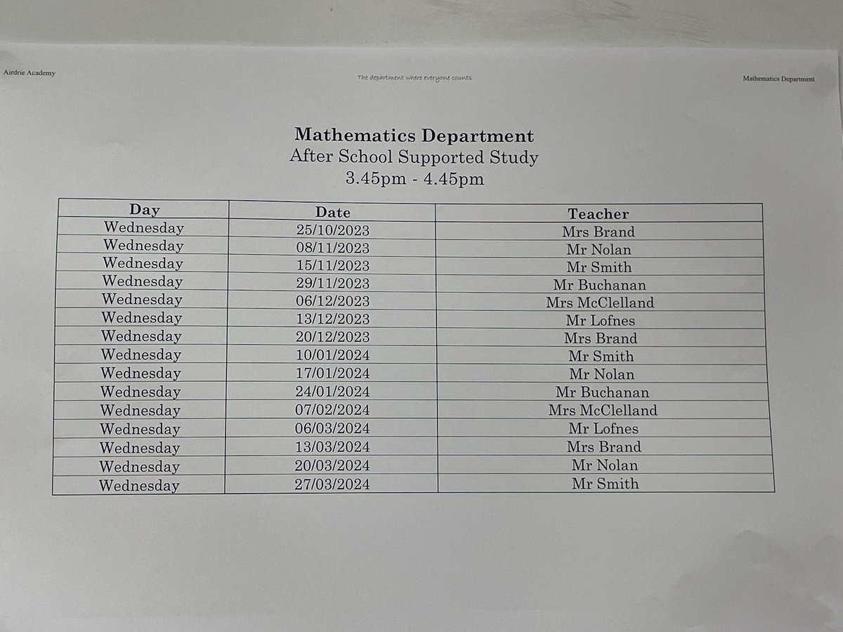 AirdrieMathsNum's tweet photo. Departmental Supported Study takes place every Wednesday* immediately after school (1545-1645).

*Note some weeks may coincide with parents nights and other commitments and therefore will not be available. Please ask your maths teacher for any clarification! https://t.co/2eMBuu7RMB