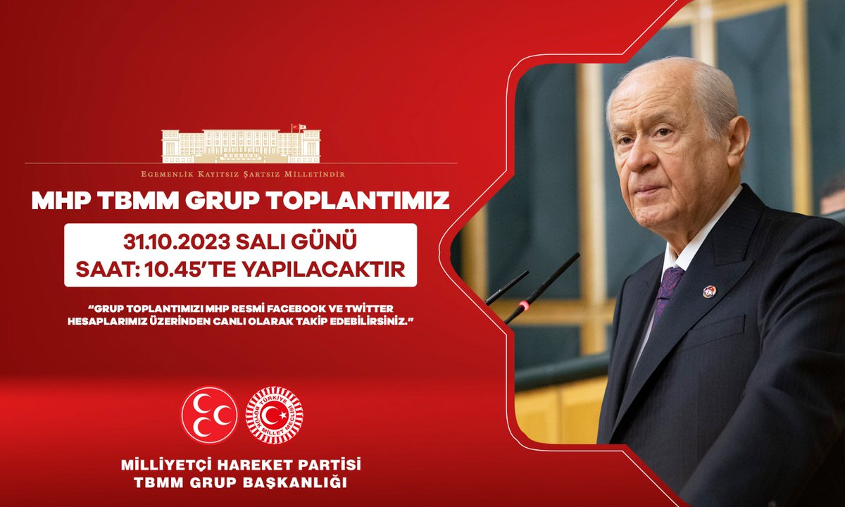MHP TBMM Grup Toplantımız #31Ekim2023 Salı günü (Yarın) Saat:10.45'te yapılacaktır.

MHP TBMM GRUP BAŞKANLIĞI
<a href="/MhpTbmmGrubu/">MHP TBMM Grubu #MHP</a>