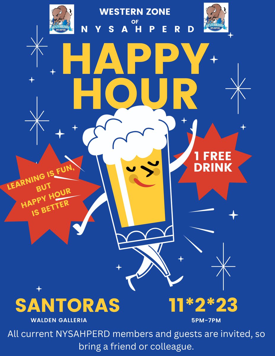WZ_NYSAHPERD's tweet photo. Happy Hour!!! This Thursday from 5-7 @SantorasPPG at the Galleria Mall!  Join your colleagues for some snacks and beverages (first one on us!) https://t.co/vBJiCC36tQ